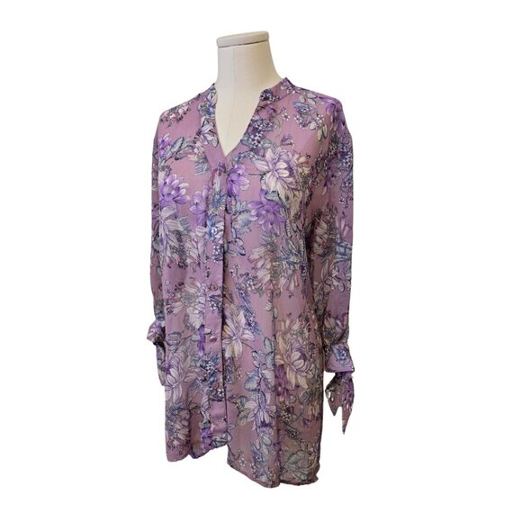 Womens Bellina Purple Floral Blouse Long Sleeve Sheer Summer Cottage Sz XL - Picture 7 of 10